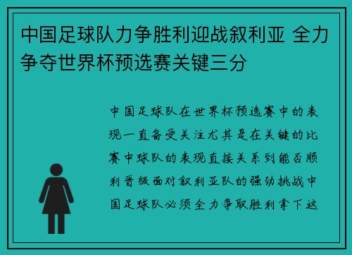 中国足球队力争胜利迎战叙利亚 全力争夺世界杯预选赛关键三分